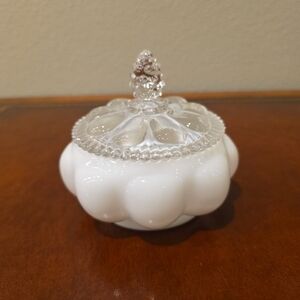White Milk glass jar with clear hobnail Lid and finial, Fenton, 4" Tall And Wide